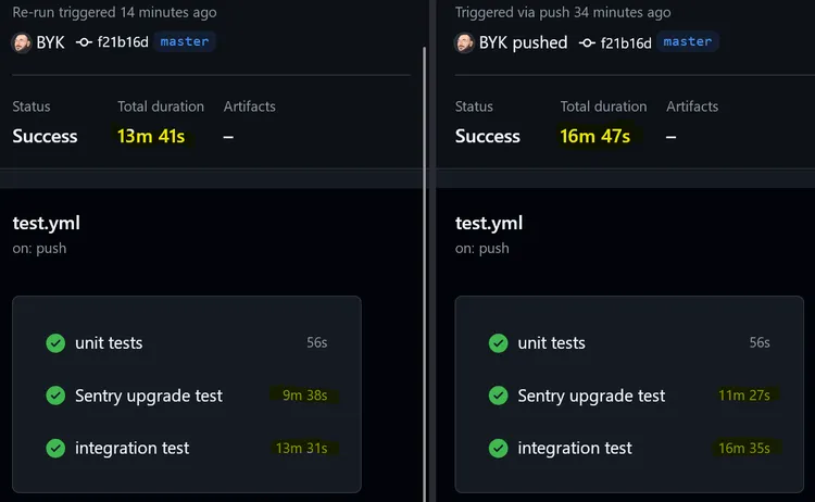 A repeated CI run which took about 13 minutes versus 16 minutes without the cache.