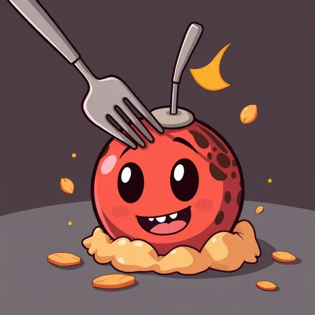 A smiling bomb with a fork stuck to it.